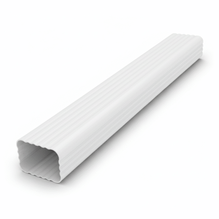A close-up of a white plastic PTG down pipe on a white background. The pipe is rectangular and ribbed and is used to channel water from the gutter to the ground.