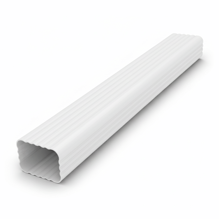 A close-up of a white plastic PTG down pipe on a white background. The pipe is rectangular and ribbed and is used to channel water from the gutter to the ground.