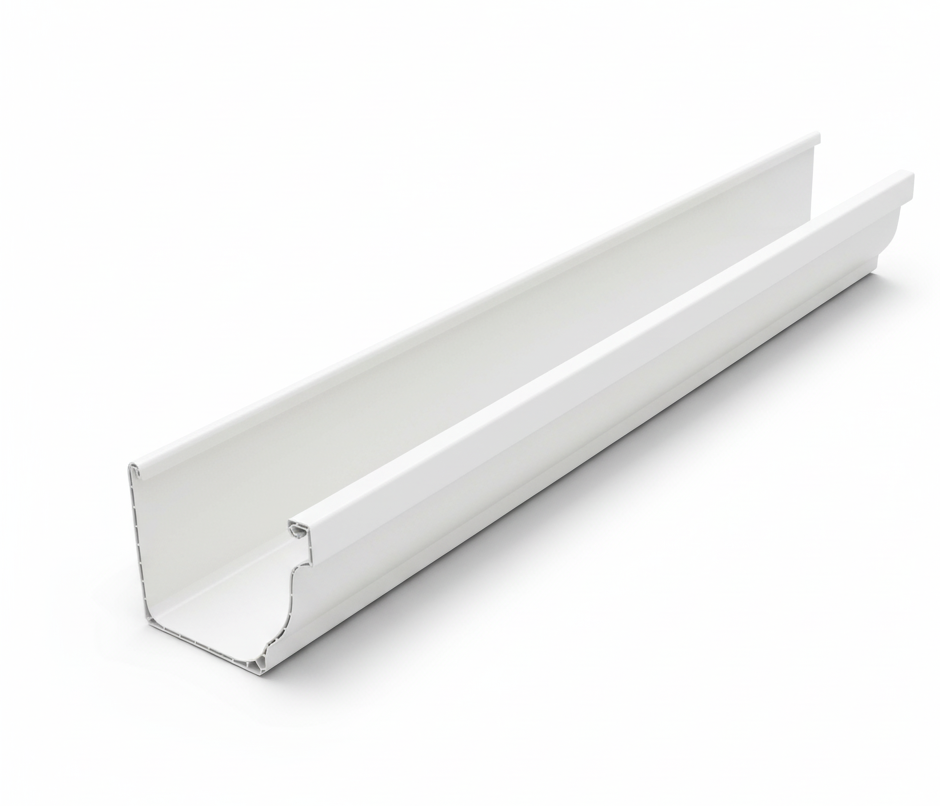A long, white PTG gutter pipe on a white background. The pipe has a semi-circular shape and extends horizontally across the frame.