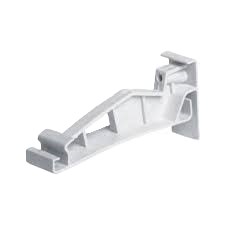 A close-up of a white plastic PTG gutter hanger. This bracket is designed to mount a gutter to a building's roof or fascia.