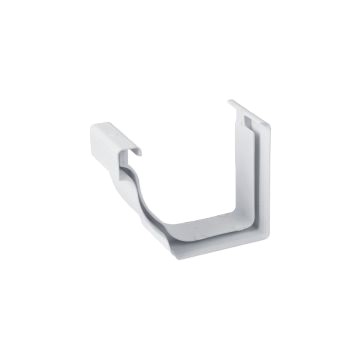 A small, white plastic PTG gutter joiner. The fitting is U-shaped, with clips on both sides to hold two sections of gutter together.