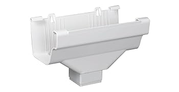 A white plastic PTG drop outlet on a white background. The fitting has a wide, rectangular top with clips on the front and back to connect to a gutter. The bottom tapers to a smaller, square outlet for a downpipe.
