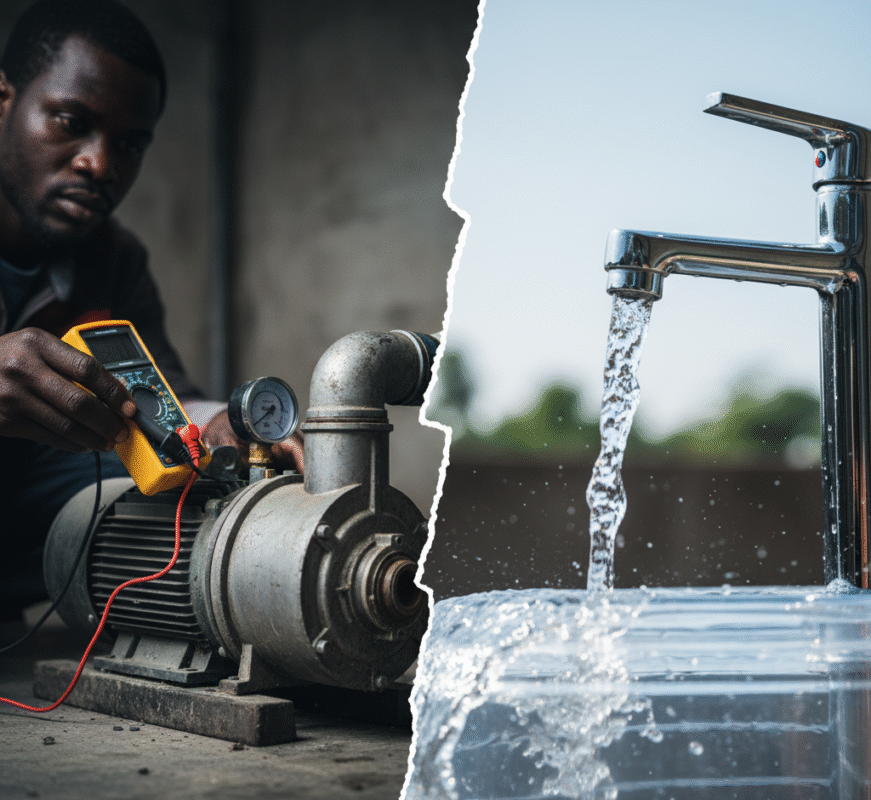 Split image showing a man troubleshooting a water pump on the left, and clear water flowing from a faucet on the right