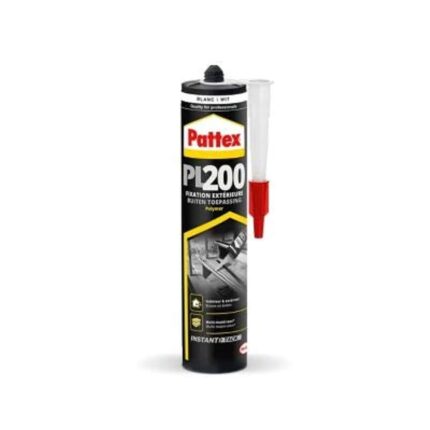 A black tube of Pattex PL200 construction adhesive with a white and red label. The label features the Pattex logo and "PL200 Fixation Exterieure Polymer" (Exterior Fixation Polymer). A white nozzle with a red tip is attached to the side of the tube.