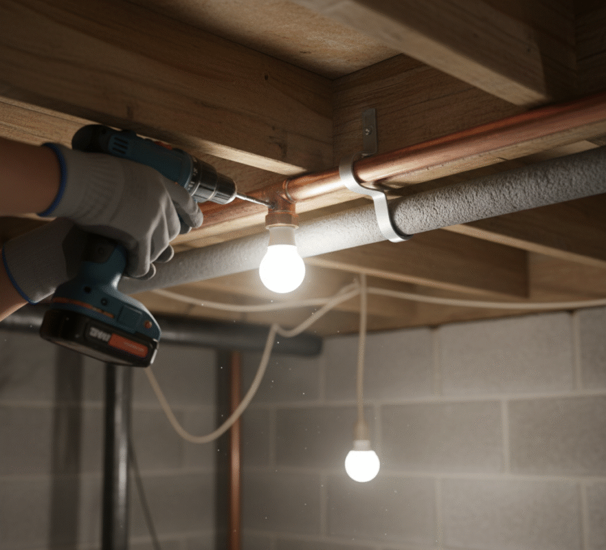 A photo showing a loose pipe being secured with a pipe strap to a wooden joist.