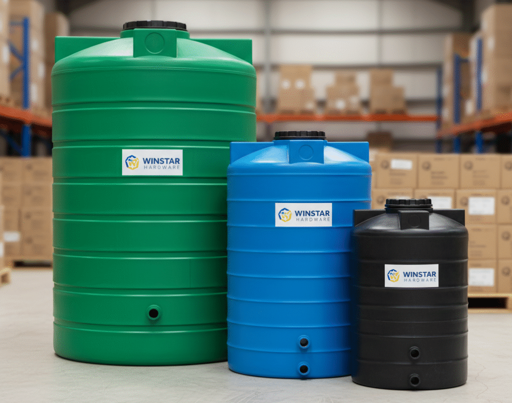 Close-up of multiple blue and black plastic (polyethylene) water tanks for residential storage