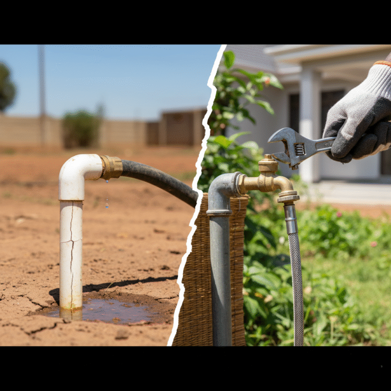 Visual demonstrating outdoor plumbing maintenance: Worn, heat-damaged pipe with a leak versus a person performing an inspection to ensure a secure, reliable connection