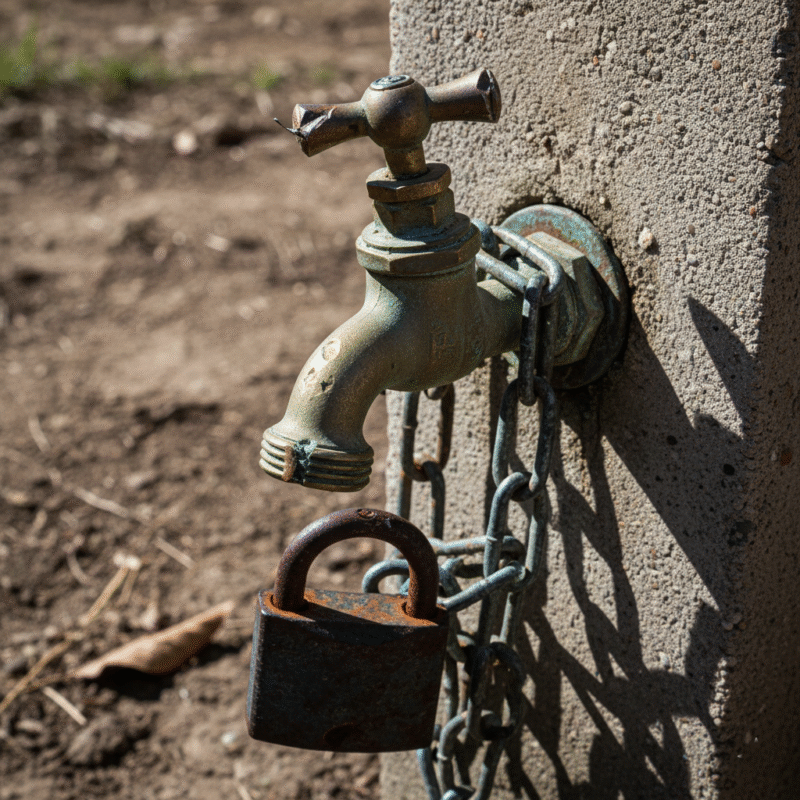 A close-up shot of a brass garden tap that has been visibly vandalized