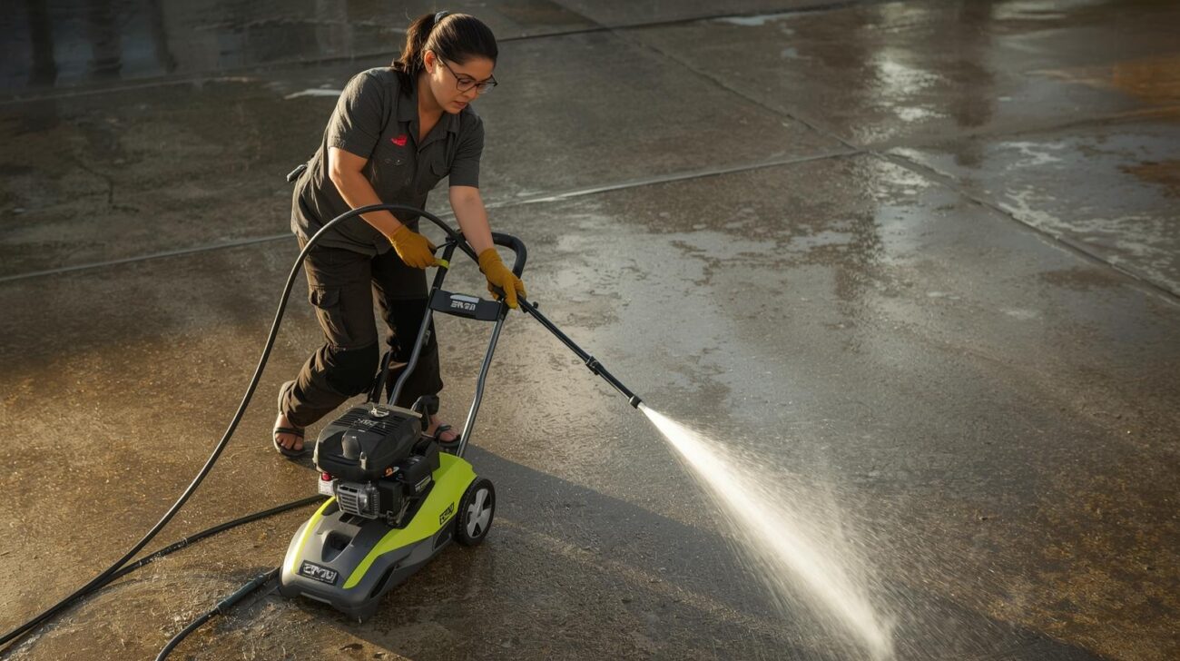 A homeowner using a Ryobi power washer to clean the driveway.