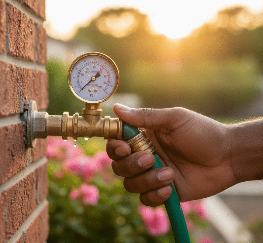 A close-up shot of a hand holding a water pressure gauge attached to a hose bib