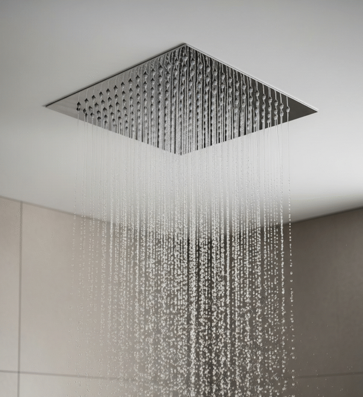 A high-angle shot of a rain showerhead in action, creating a wide, gentle spray.