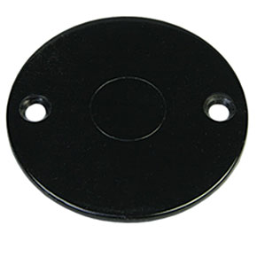 A circular, flat black cover plate with two screw holes on opposite sides and a subtle raised circular detail in the center.