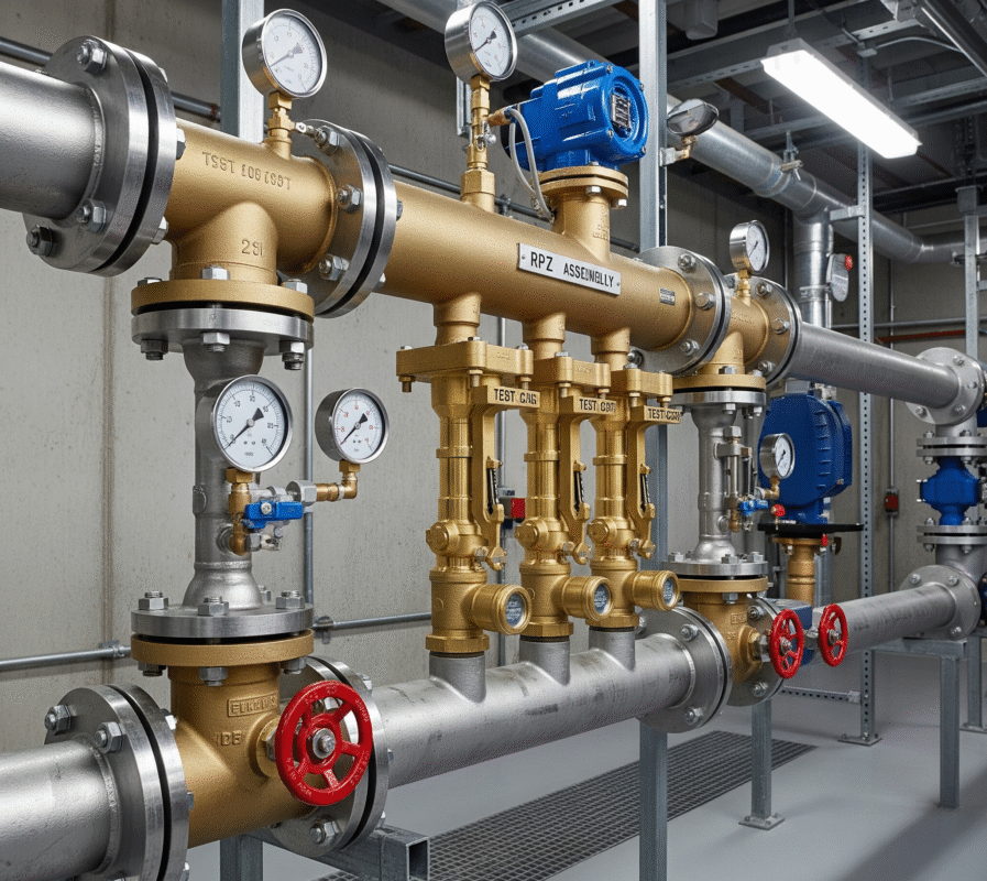An image of a more complex RPZ valve on a larger pipe