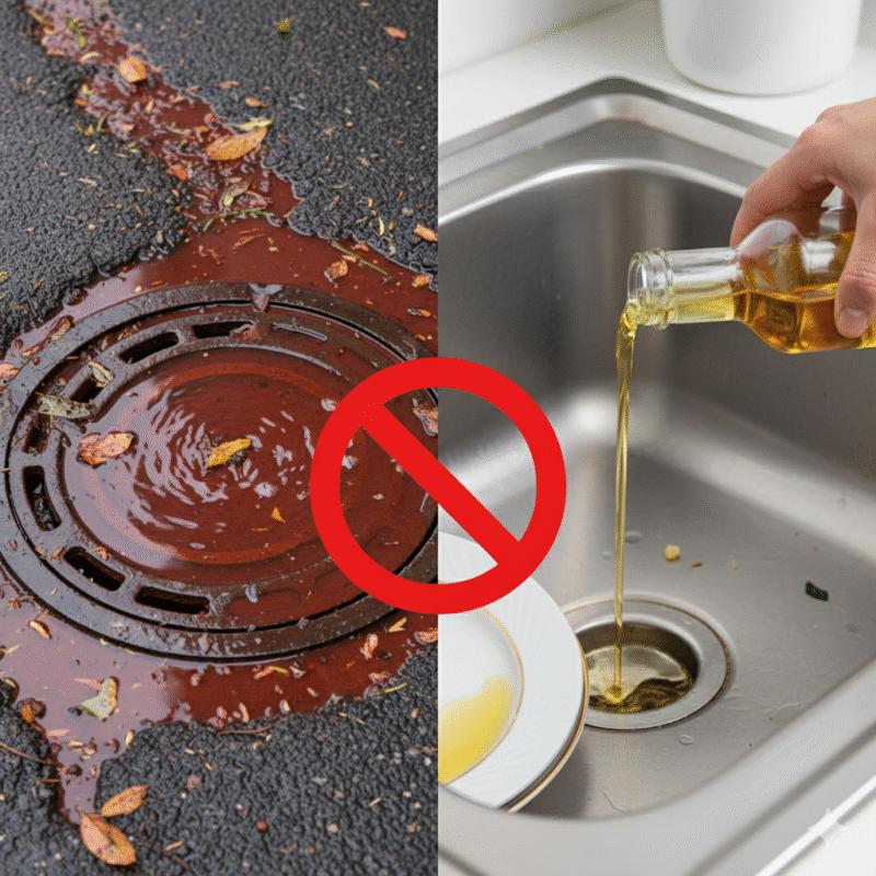 An image showing a puddle of red muddy water near an outdoor drain, the other side showing cooking oil being poured down a kitchen sink
