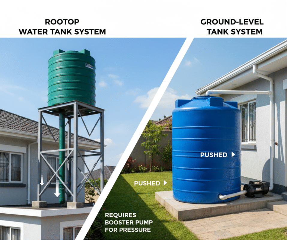 A split image showing a rooftop water tank (with visible structural support) on one side, and a ground-level water tank (with a booster pump next to it)