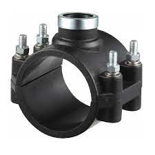 A black plastic saddle clamp for a water pipe. The clamp is a two-part hinged fitting with a threaded outlet on top, secured by four silver bolts and nuts on either side.