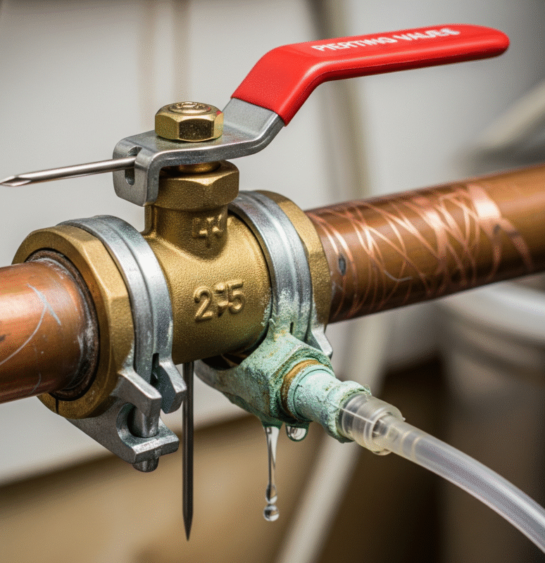A photo of a saddle valve installed on a pipe, to illustrate what to avoid.