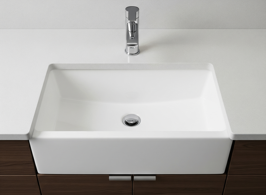 An image of a semi-recessed sink, clearly showing its unique protrusion.