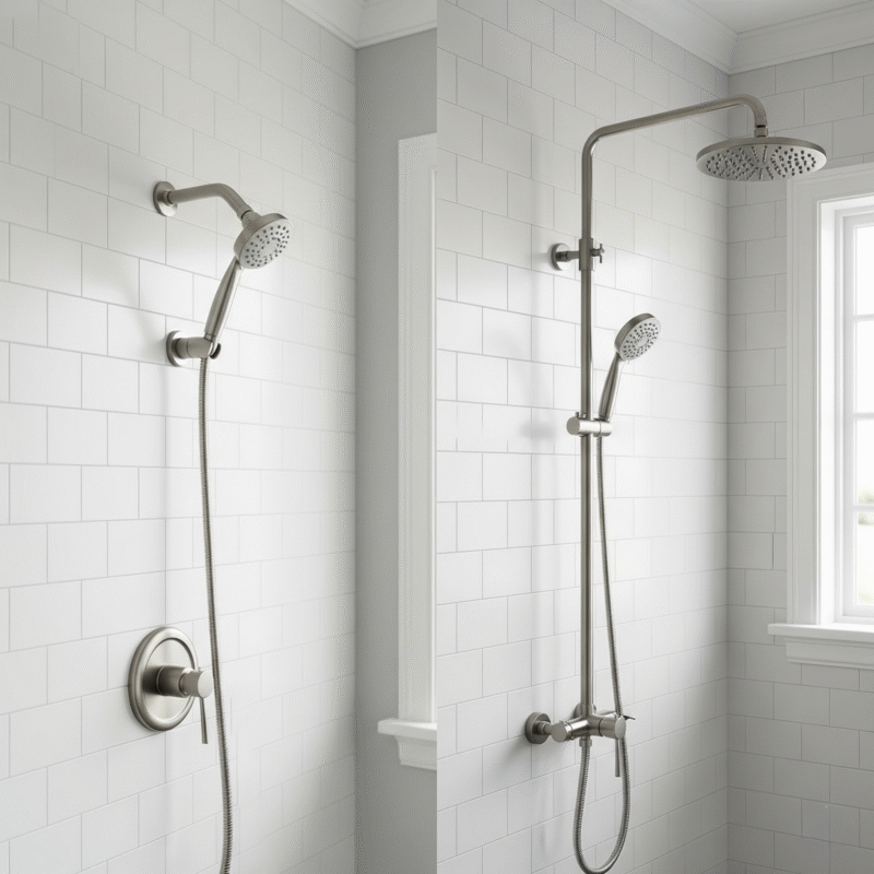 A picture comparing a standard shower arm to a longer or adjustable one.