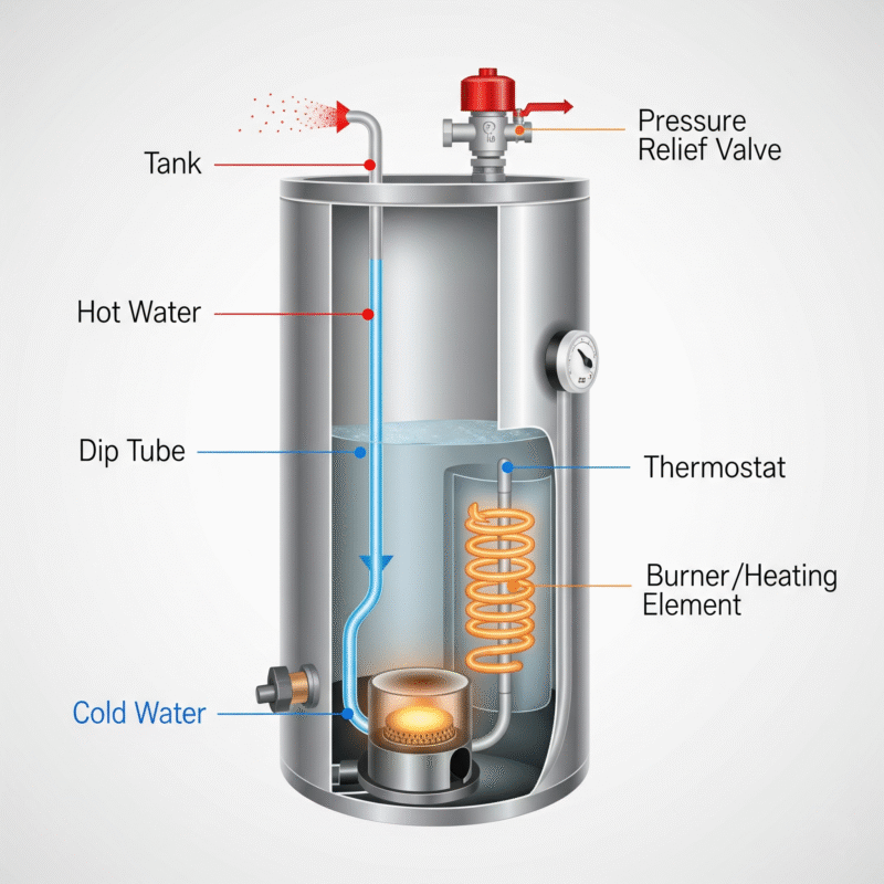 A clear, labeled diagram of a conventional storage tank water heater.