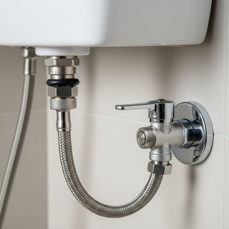 A close-up photo of the new supply line connected to the toilet's fill valve and the angle stop valve.