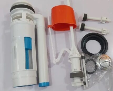 A collection of plastic and metal toilet flushing components, including a dual-flush syphon, a fill valve with a float, and assorted bolts and seals.