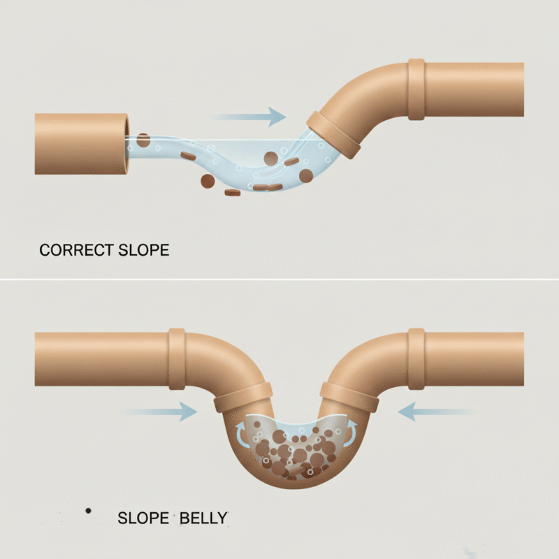 A comparison of
a correctly sloped drain pipe with a smooth, downward flow of water and a pipe with a "belly" or a sag where water and waste are pooling