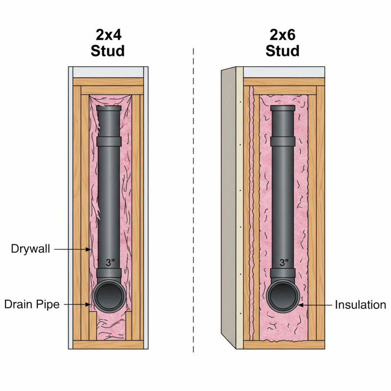 A diagram comparing a standard interior wall to a "wet wall."