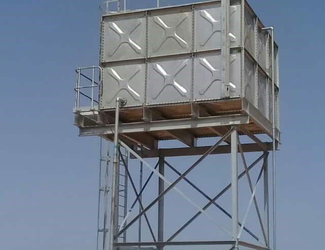 A steel water tank on structural support