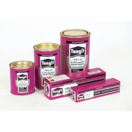 A group of Tangit-brand adhesive products. The items include three different sized cylindrical metal cans with gold-colored lids and purple-pink labels, as well as two rectangular cardboard boxes.