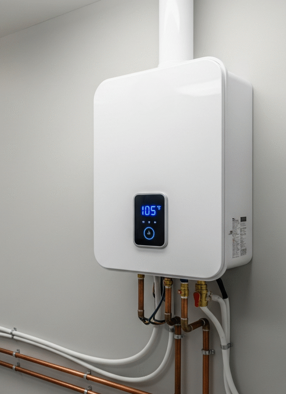 A photo of a compact, wall-mounted tankless water heater, showing its small footprint.