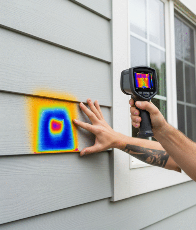 An image showing a professional using a thermal camera on the wall from the outside to pinpoint a cool or damp spot.