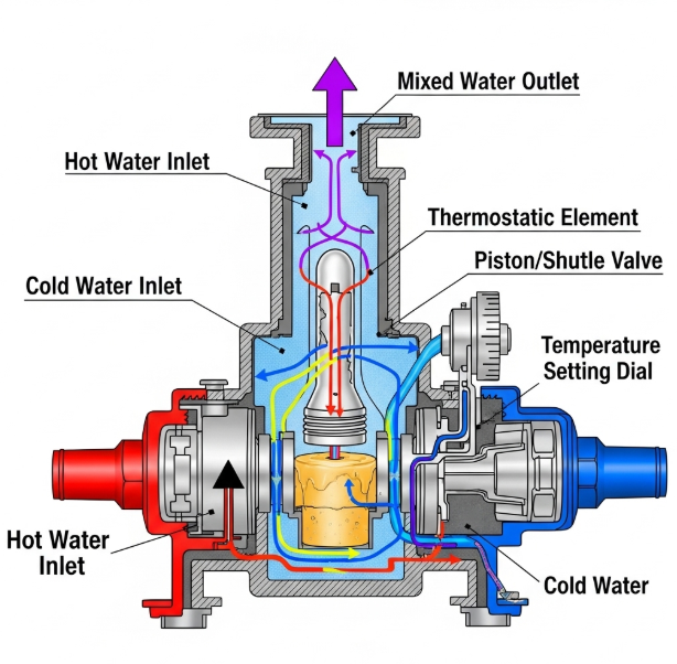 A cutaway diagram of a thermostatic mixing valve, showing its internal mechanism.