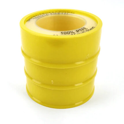 A roll of PTFE thread seal tape for plumbing applications. The tape is housed in a yellow plastic casing, with some text visible on the label.