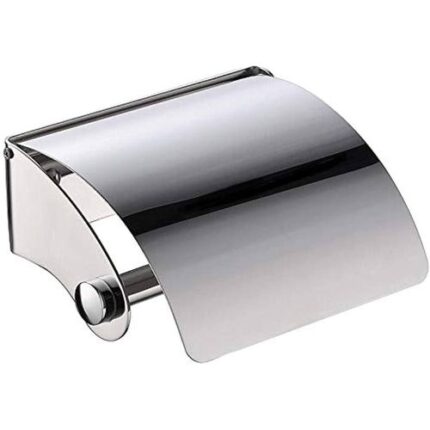 A modern, polished chrome or stainless steel toilet paper holder. It features a hinged top cover and a cylindrical bar to hold the roll.
