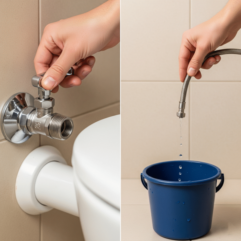 A picture showing a hand turning the angle stop valve behind a toilet, and another showing the supply line being disconnected into a small bucket.
