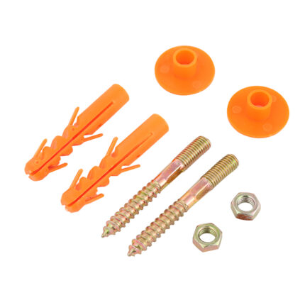 A photo of a set of toilet screws. The set includes two gold-colored, double-ended screws with threaded tips, two gray hexagonal nuts, and two orange plastic wall plugs.