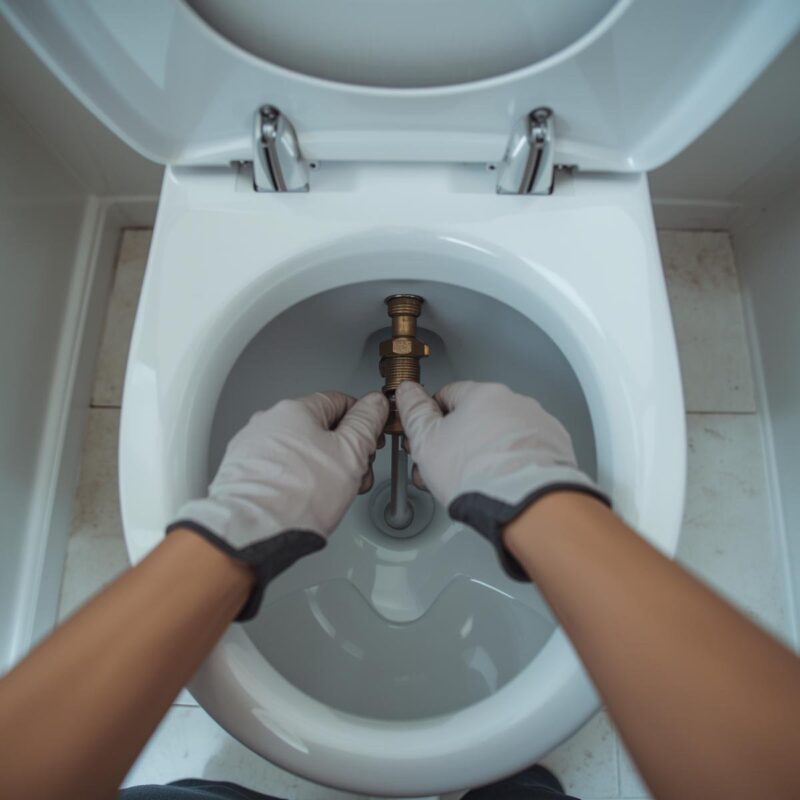 A person (from the waist down or hands only) using a tool to adjust something inside the toilet.