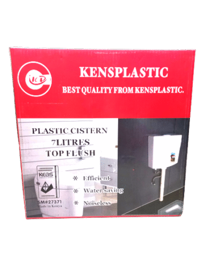 A close-up of a Kenplastic Top Flush plastic cistern in a red and white box.