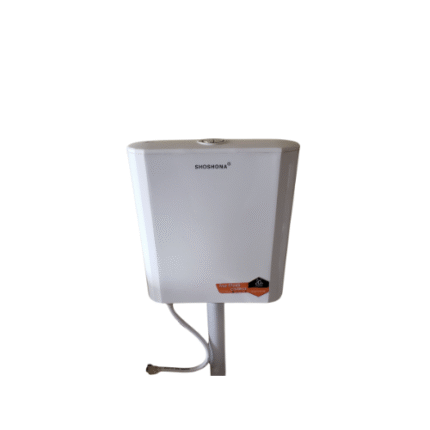 A white Shoshona brand top-flush cistern with a rounded top and a connecting pipe, against a white background.