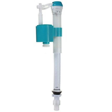 A close-up of a plastic toilet flush mechanism, a syphon, with a light blue float and a vertical overflow pipe.