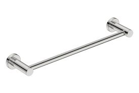 A shiny, chrome-plated single towel bar with a modern, minimalist design. It consists of a straight bar and two circular wall mounts.