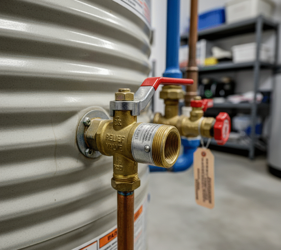 Close-up of a brass temperature and pressure (T&P) relief valve installed on a residential water heater