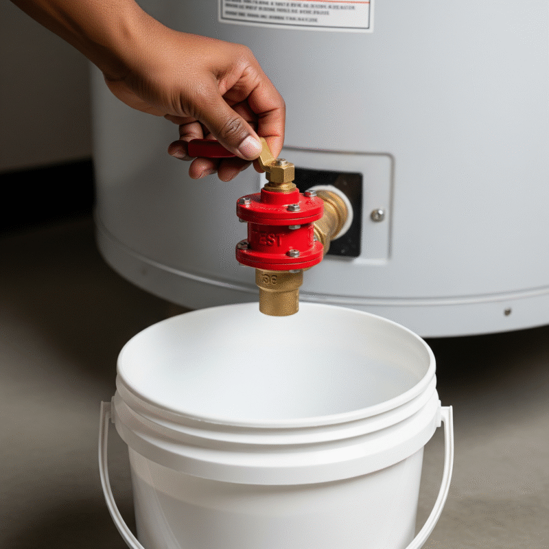 A photo of a hand lifting the TPR valve handle with a bucket underneath.