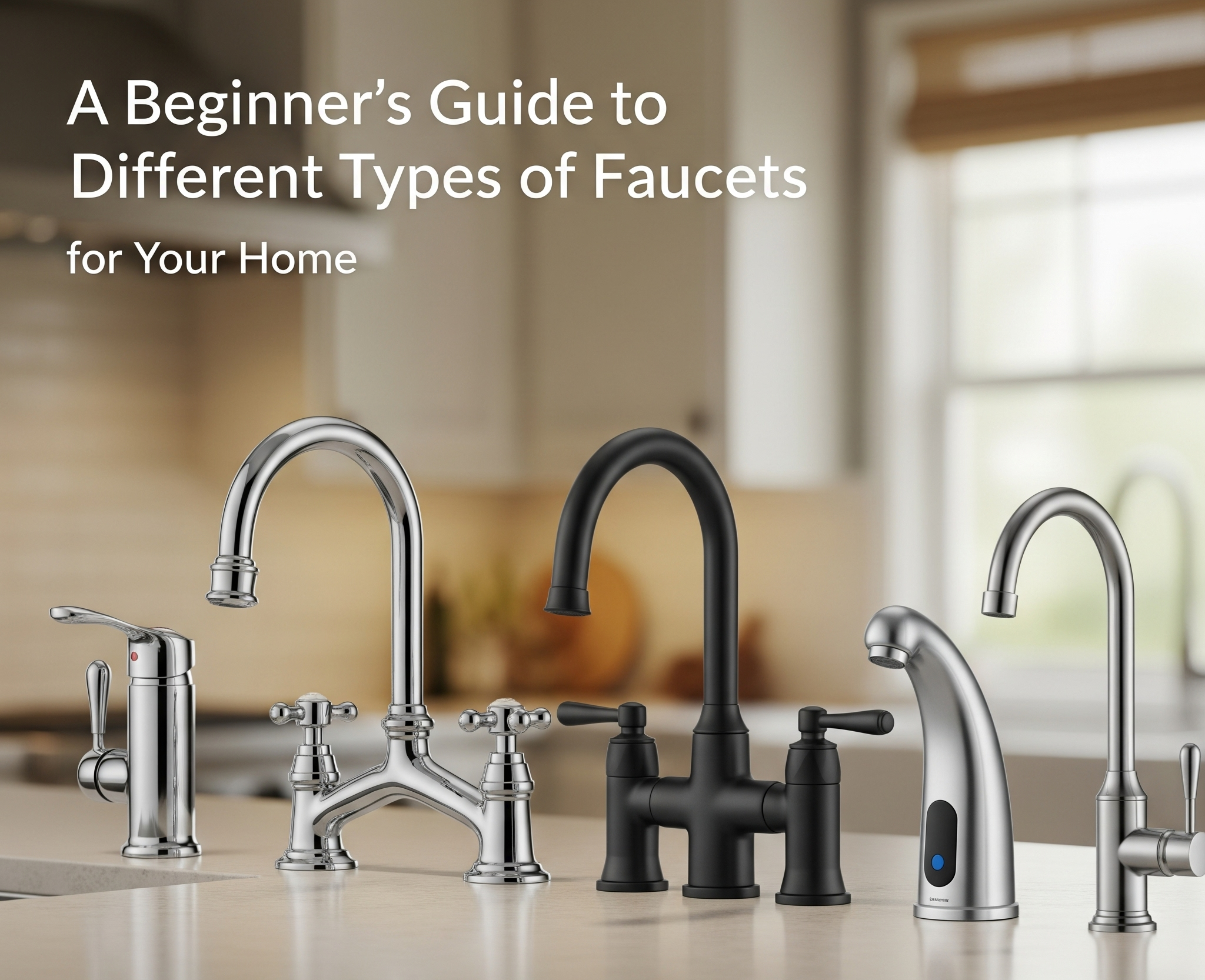 The image displays five distinct faucet styles on a kitchen counter: a single-handle chrome, a double-handle bridge faucet, a matte black widespread faucet, a modern silver touchless faucet, and a simple chrome gooseneck faucet.