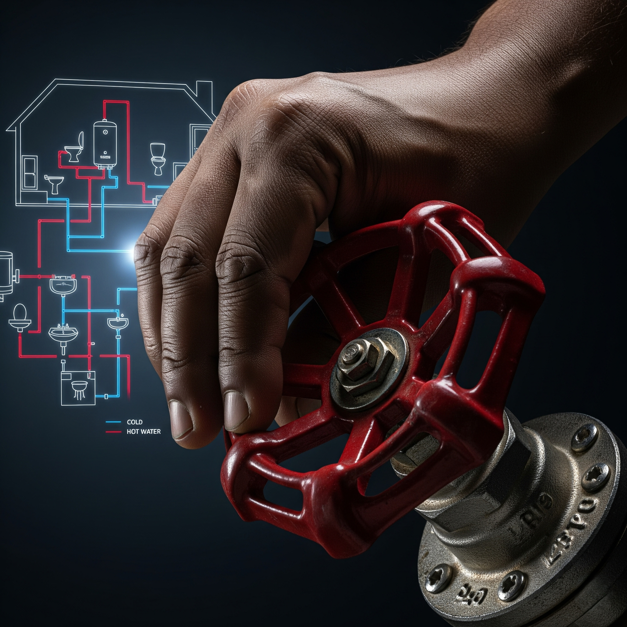A human hand turning a large, red-handled valve with a stylized diagram of a house's plumbing system visible in the background.