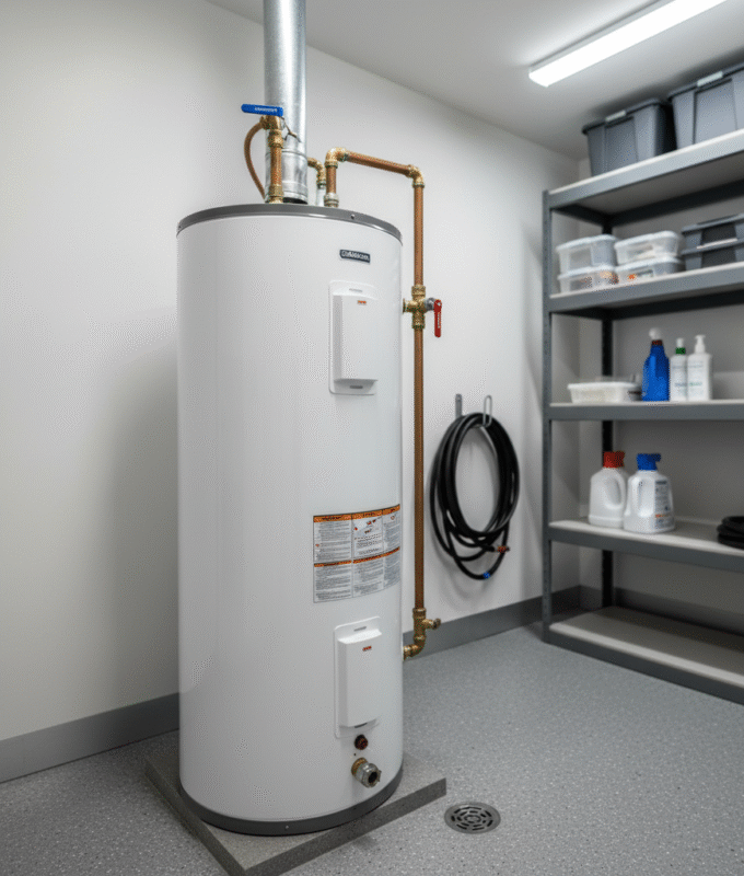 Electric storage tank water heater unit situated in a clean residential utility room