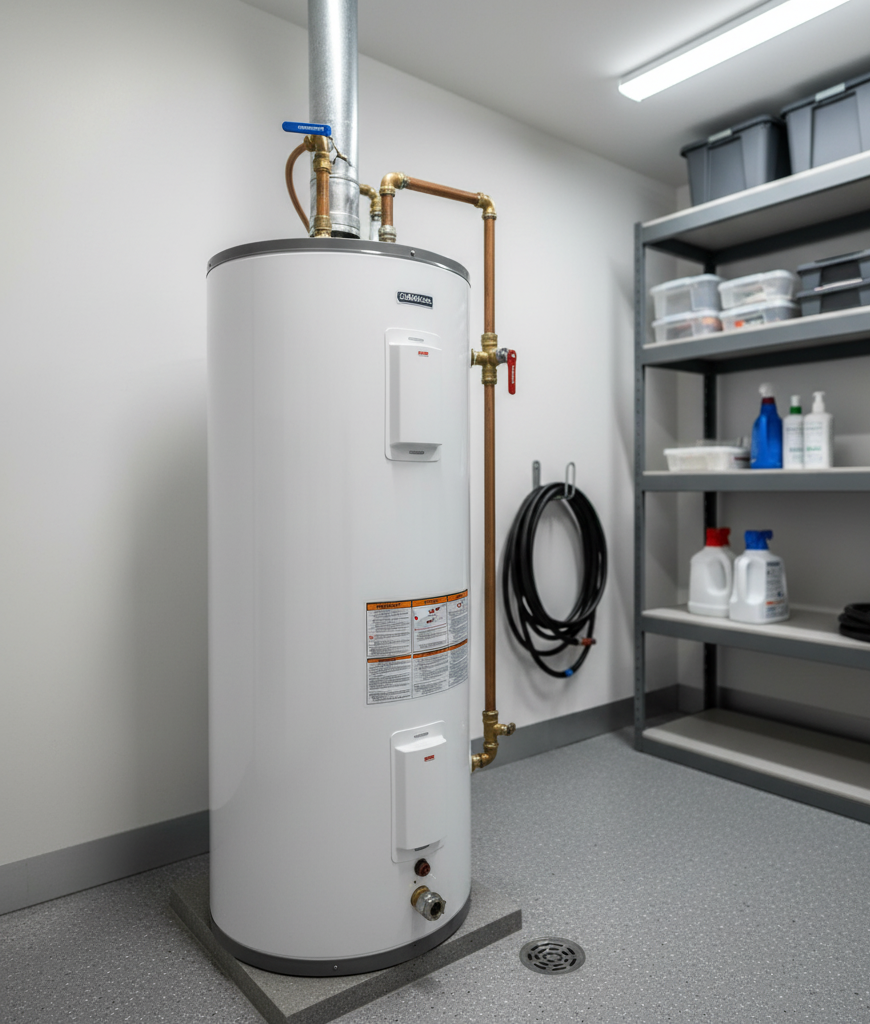 Electric storage tank water heater unit situated in a clean residential utility room