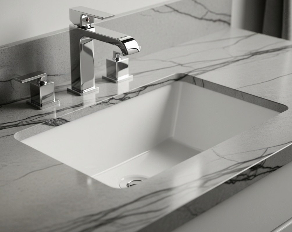 A beautiful image of an undermount bathroom sink with a stone countertop.