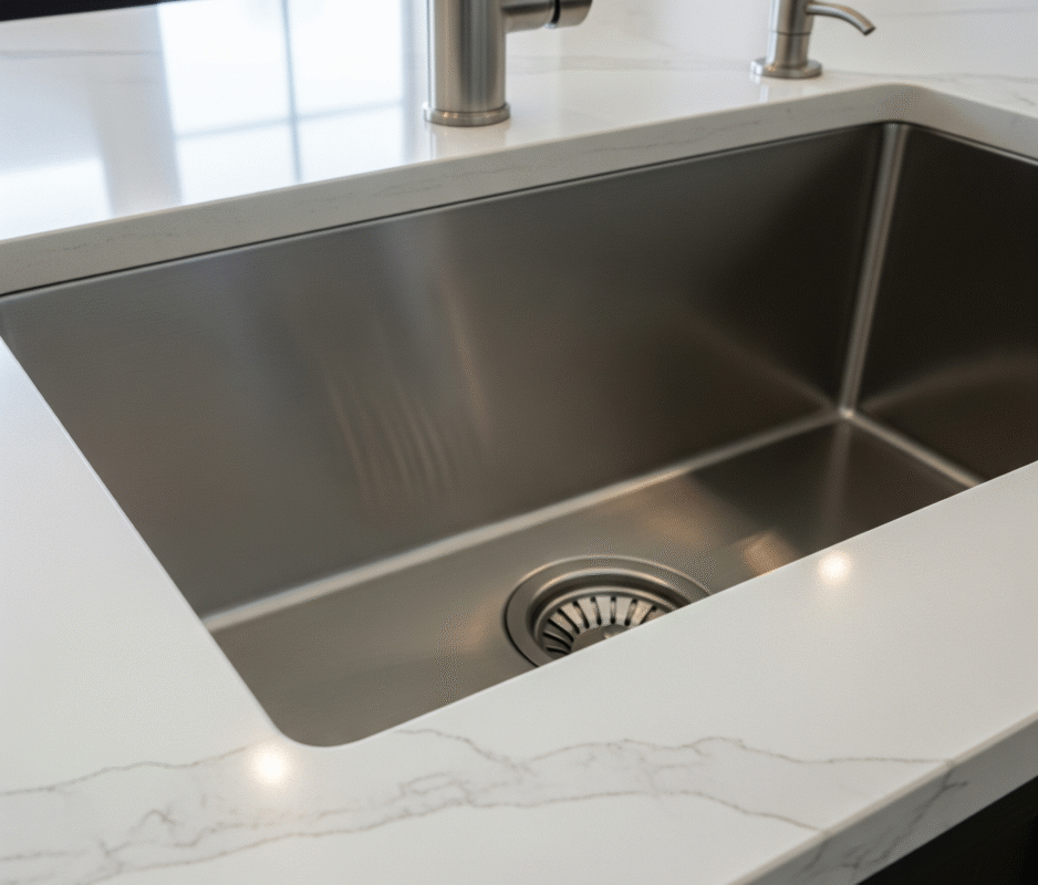 A beautiful image of an undermount kitchen sink, highlighting the seamless transition with the countertop.